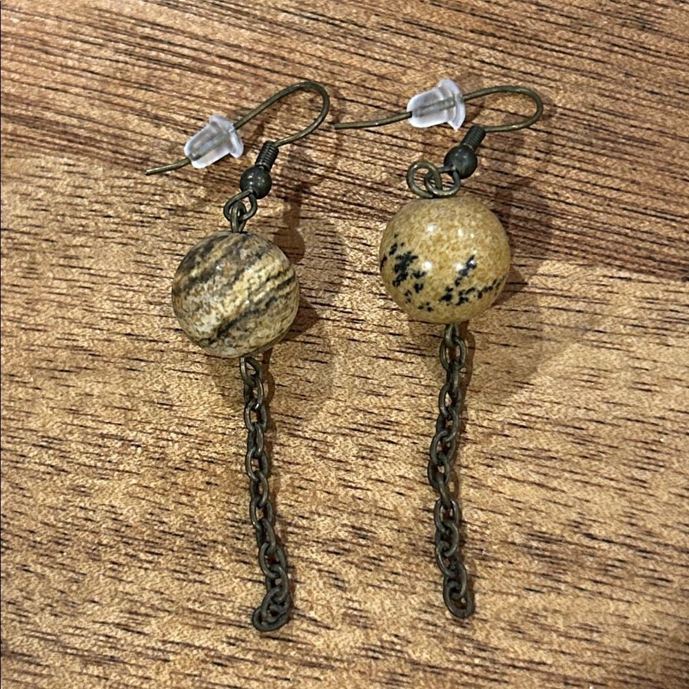Handmade Dangle Hook Earthy Stone Chain Earrings Nature Minimalist Cottagecore